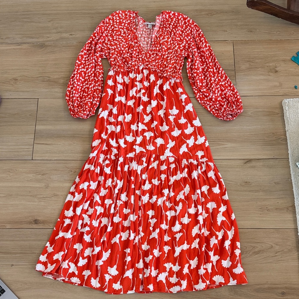 Diane von Furstenberg for Target Red Floral Maxi Dress XS Long Sleeve Smock